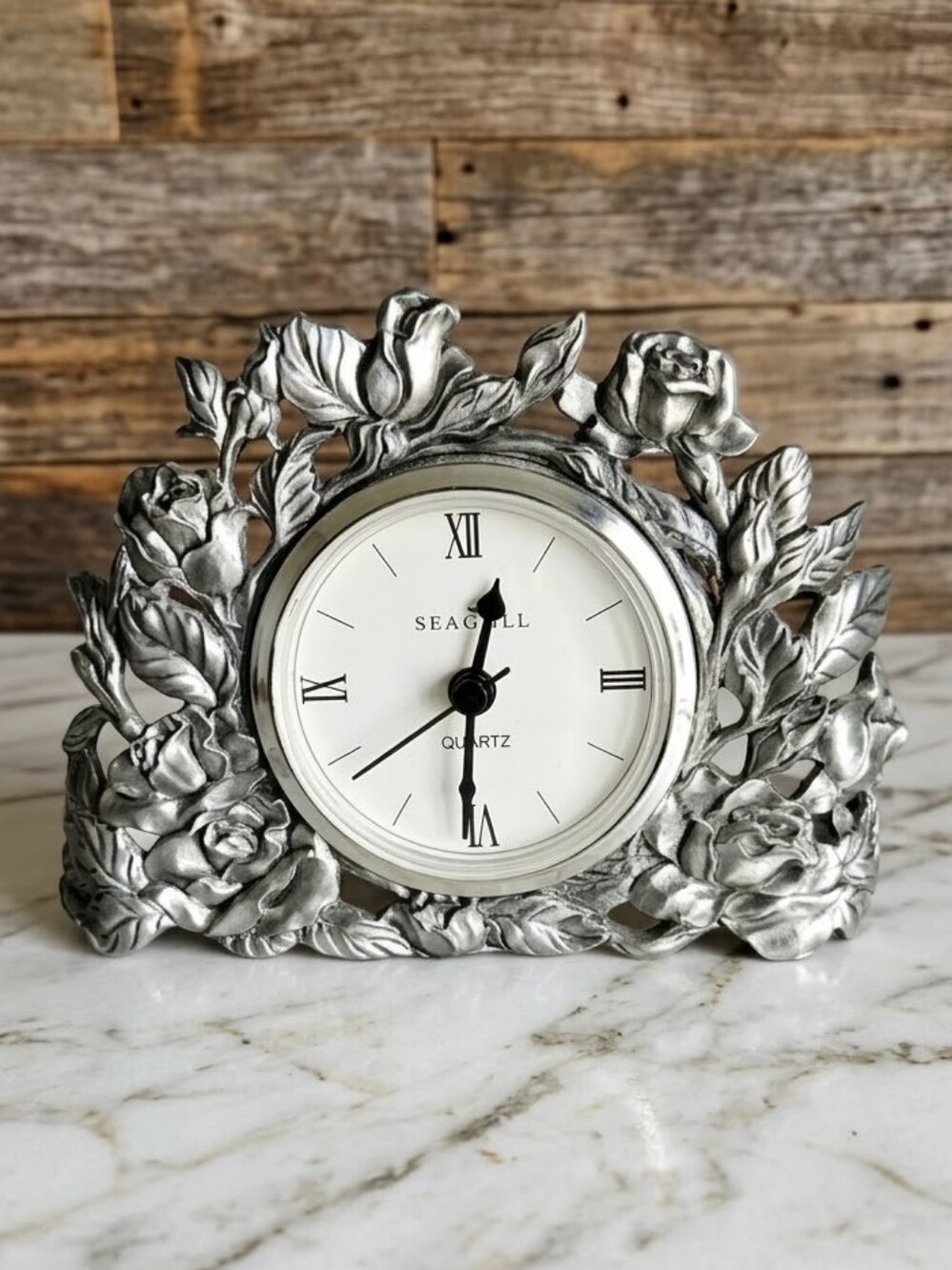 Vintage 1996 Seagull Canada Fine Pewter Floral Desk/Table Clock